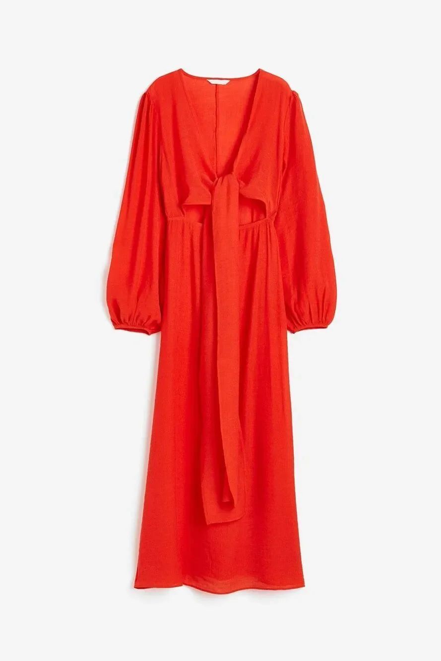 NWT H&M Red Crinkle Tie Midi Dress Long Sleeve Medium